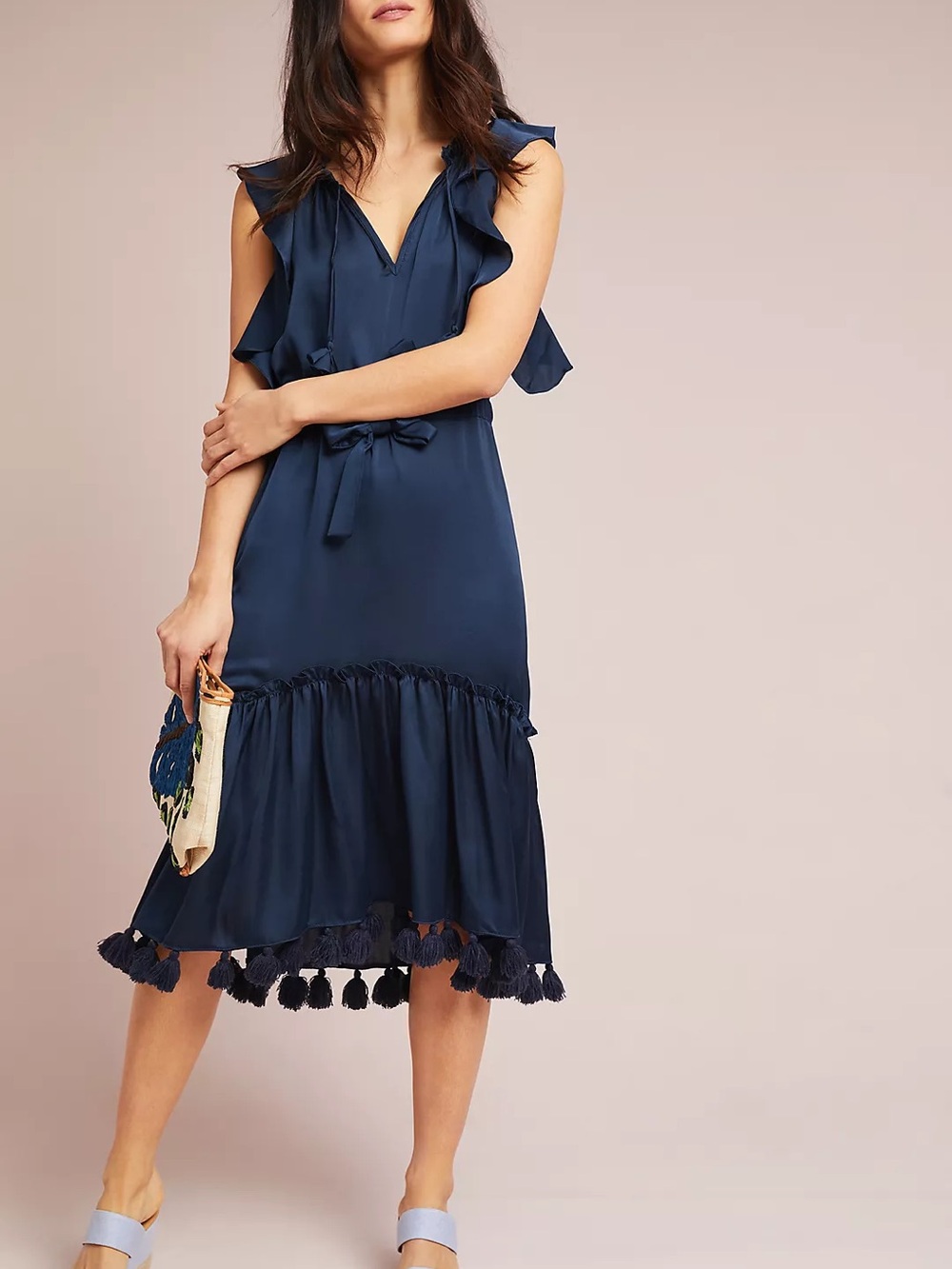 MISA Los Angeles Lenora Navy Ruffle Tassel Midi Dress XS